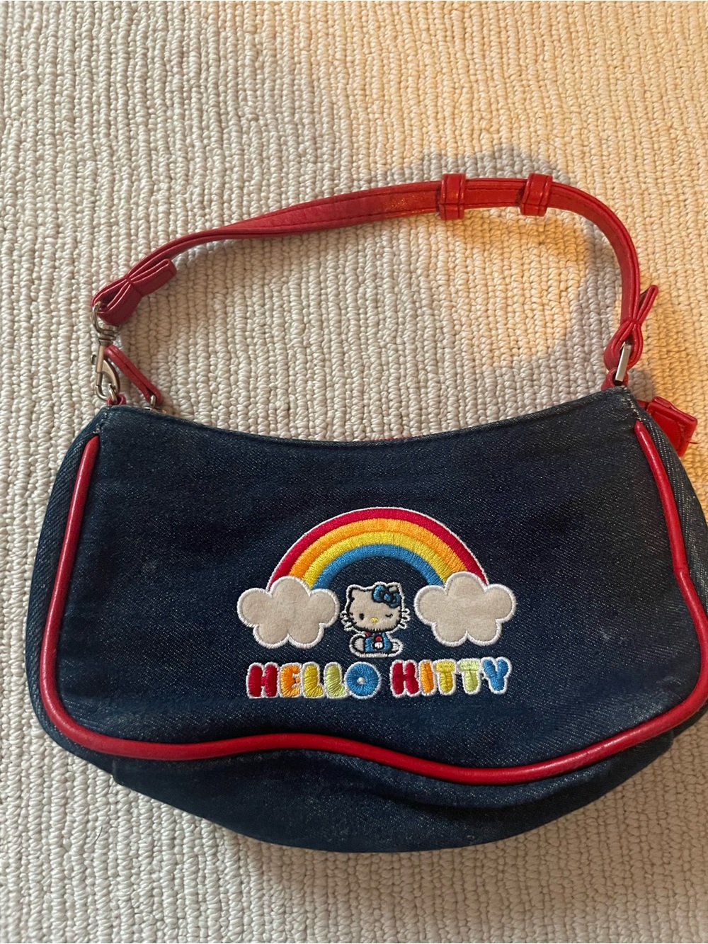 Hello Kitty Navy Denim Shoulder Bag with Red Trim and Rainbow Patch c43